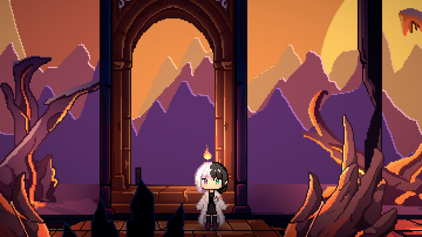 Nora under the arch of the library, broken by a glitch